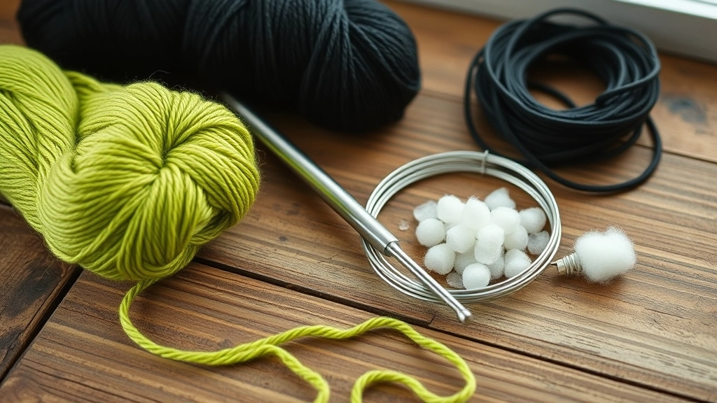 A flat lay of green and black yarn skeins, a steel crochet hook, armature wire, and polyester fiberfill on a table.