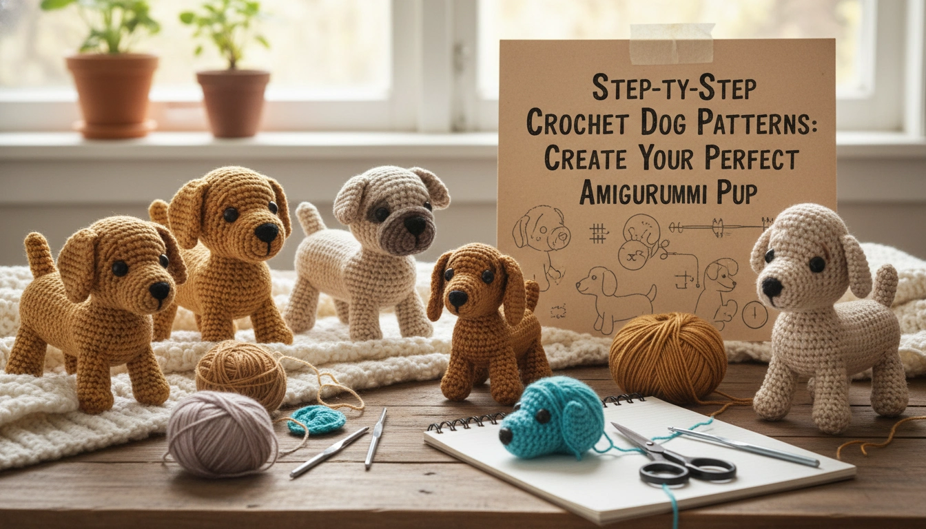 A charmingly imperfect, homemade crochet puppy sitting on a kitchen table surrounded by yarn scraps, showcasing beautiful Crochet Dog Patterns.
