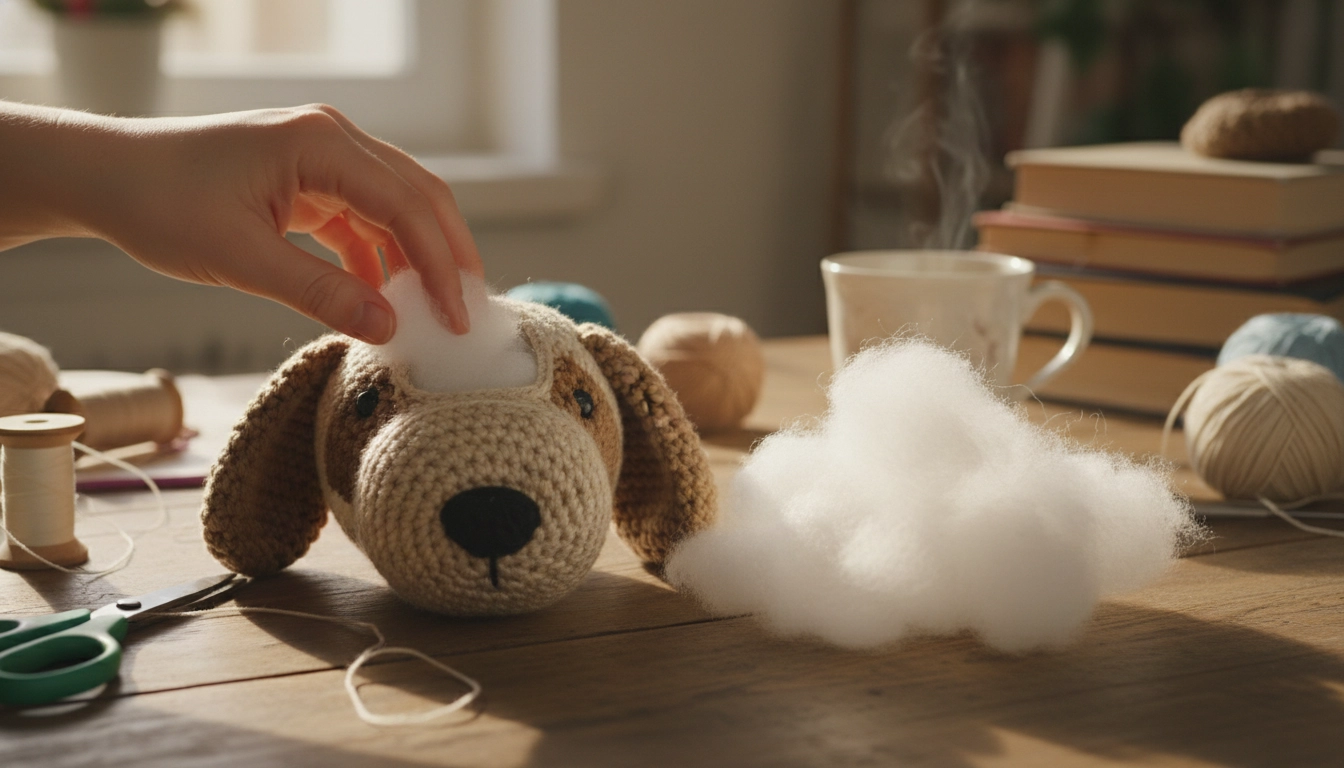 A hand gently stuffing a crocheted dog head with small, fluffy pieces of fiberfill stuffing.