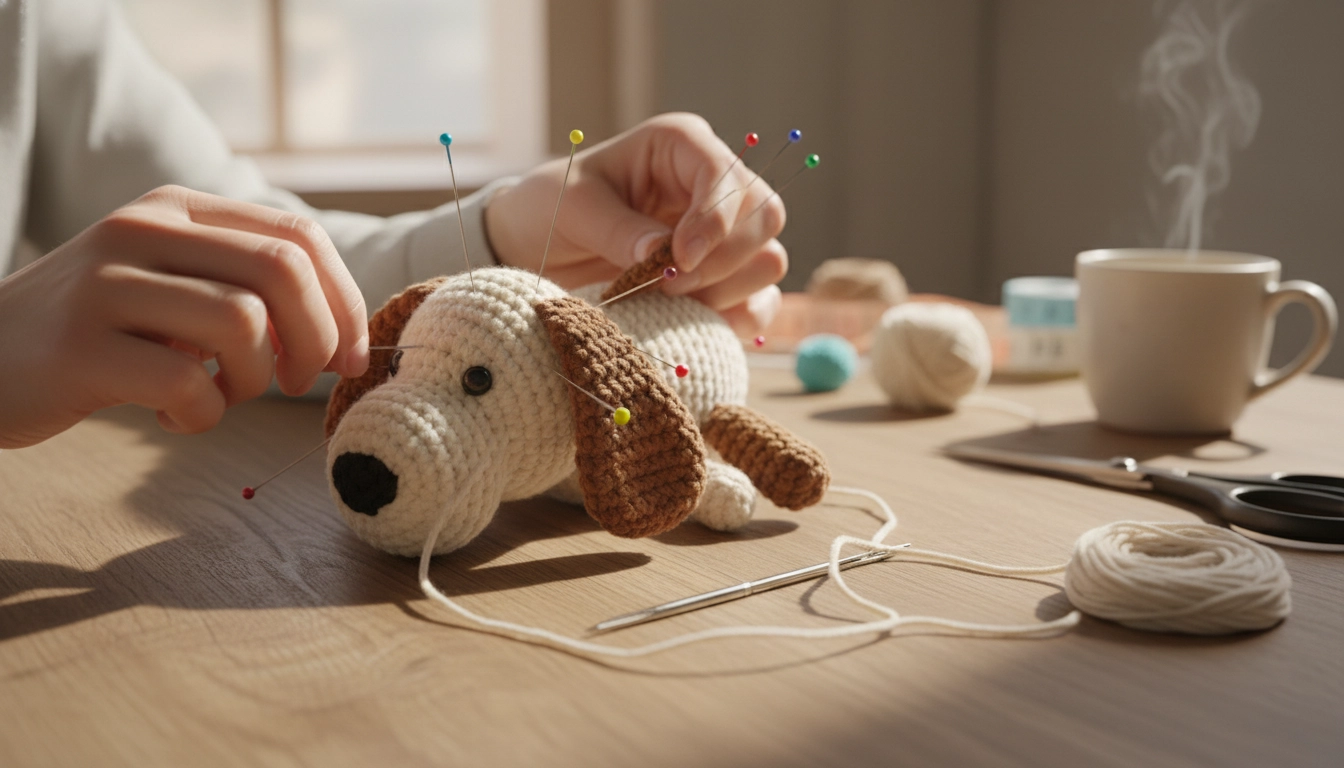 Pinning ears and limbs onto a crocheted dog body to check symmetry before sewing.