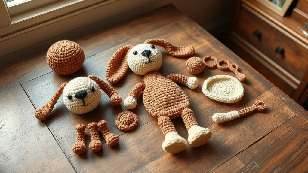Individual crocheted pieces of an amigurumi puppy laid out neatly before assembly.