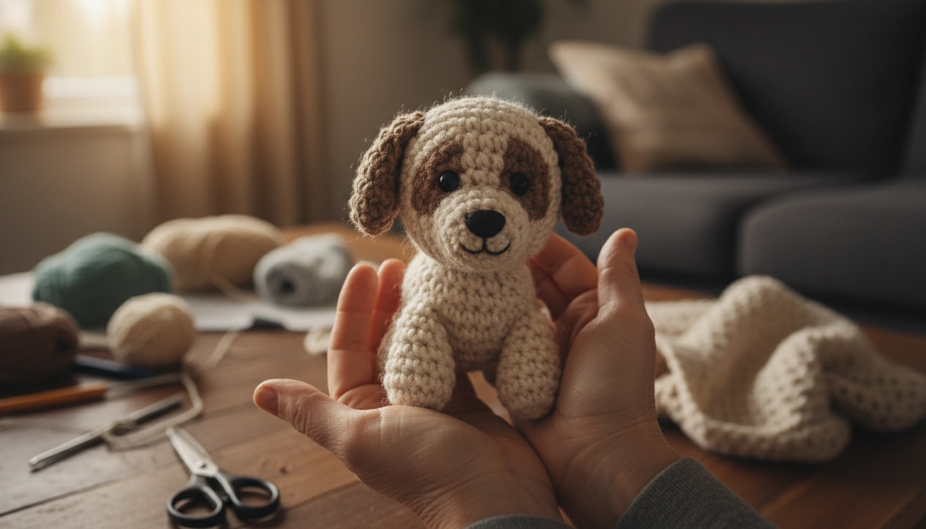 A small, hand-held crochet puppy showing off the perfect scale of these crochet dog patterns.