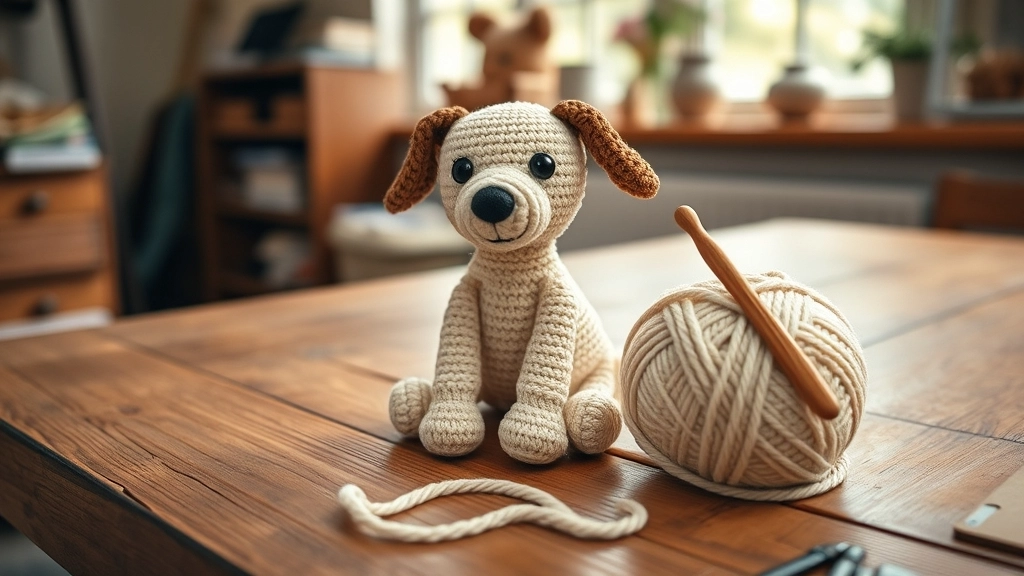 A completed, cute handmade crochet dog sitting next to a ball of yarn, celebrating a finished project.