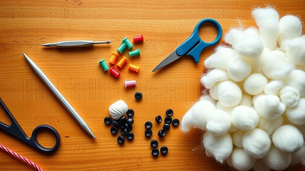 A curated flat lay of tools needed for crochet puppy patterns, featuring a small crochet hook, stitch markers, and safety eyes.
