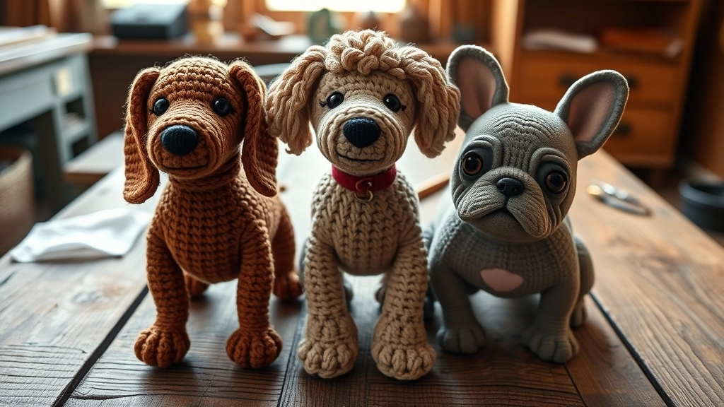 Three different amigurumi dogs representing a French Bulldog, a Dachshund, and a Poodle made from crochet dog patterns.