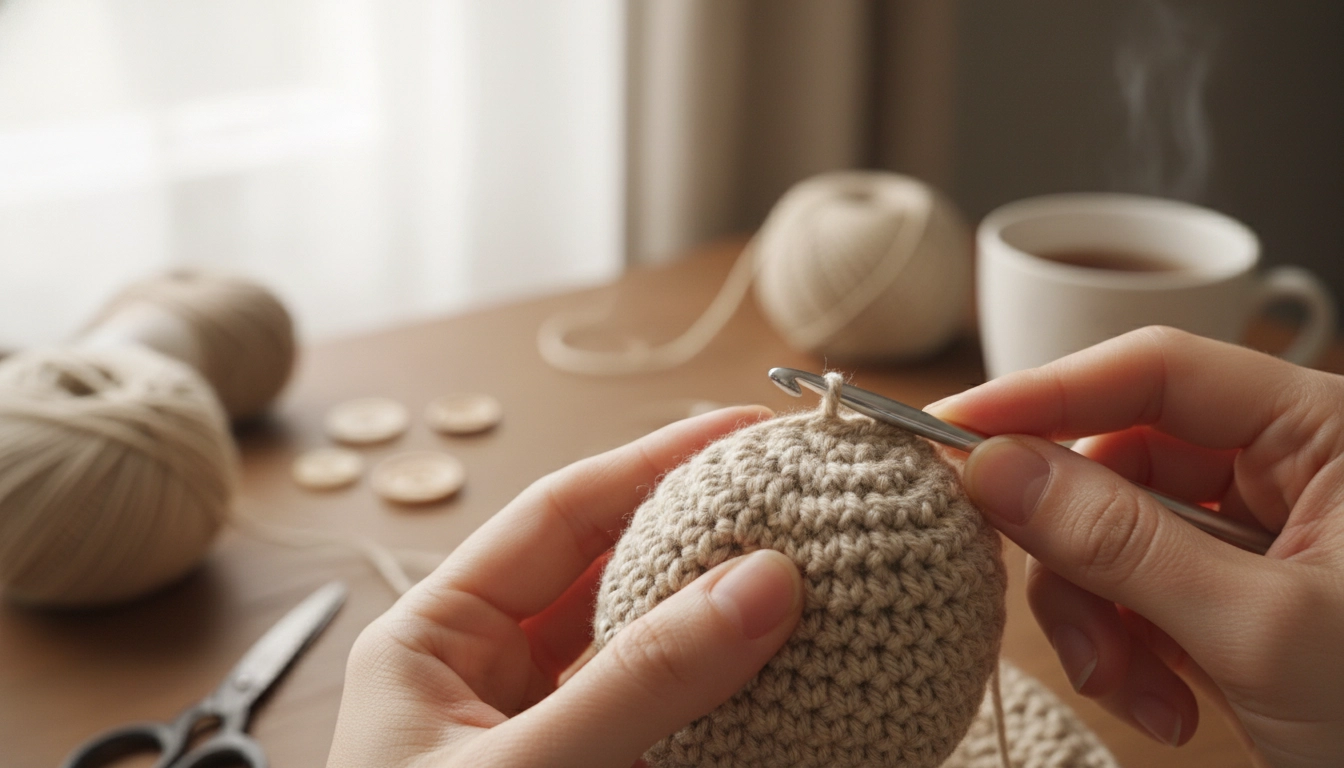 Extremely close-up view of tight single crochet stitches on a 3D amigurumi piece.
