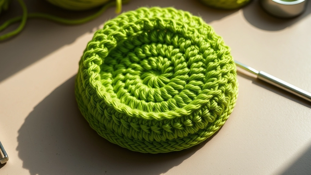 A partially finished green crochet beanie base showing the tight, geometric spiral of single-crochet stitches.