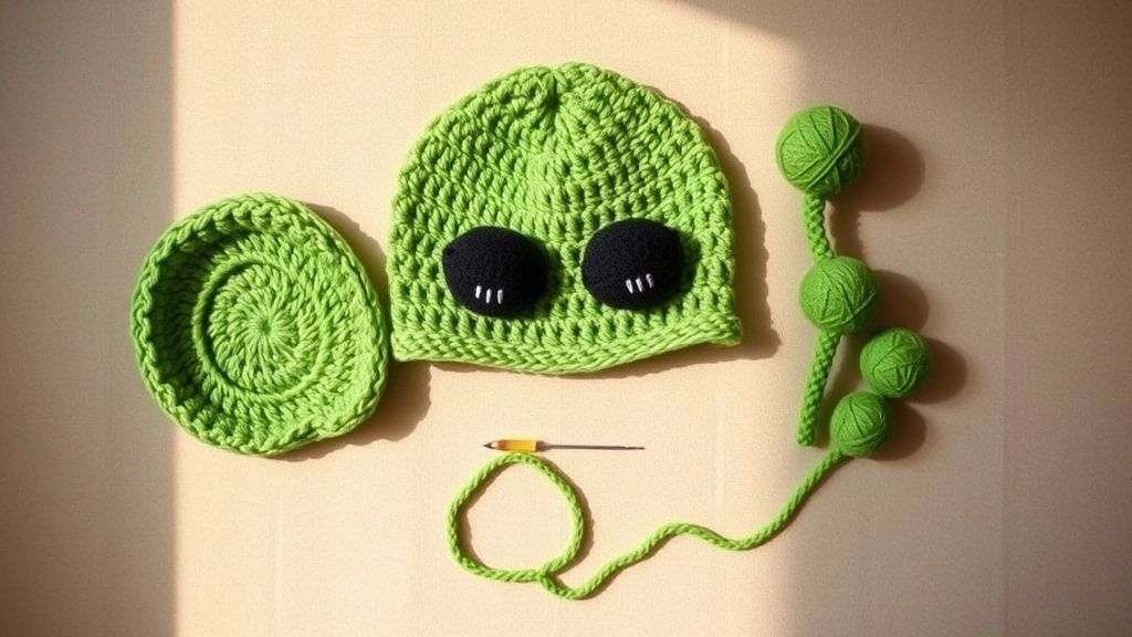 The separate parts of a green Crochet Alien Hat—beanie base, black eyes, and antennae—laid out before assembly.