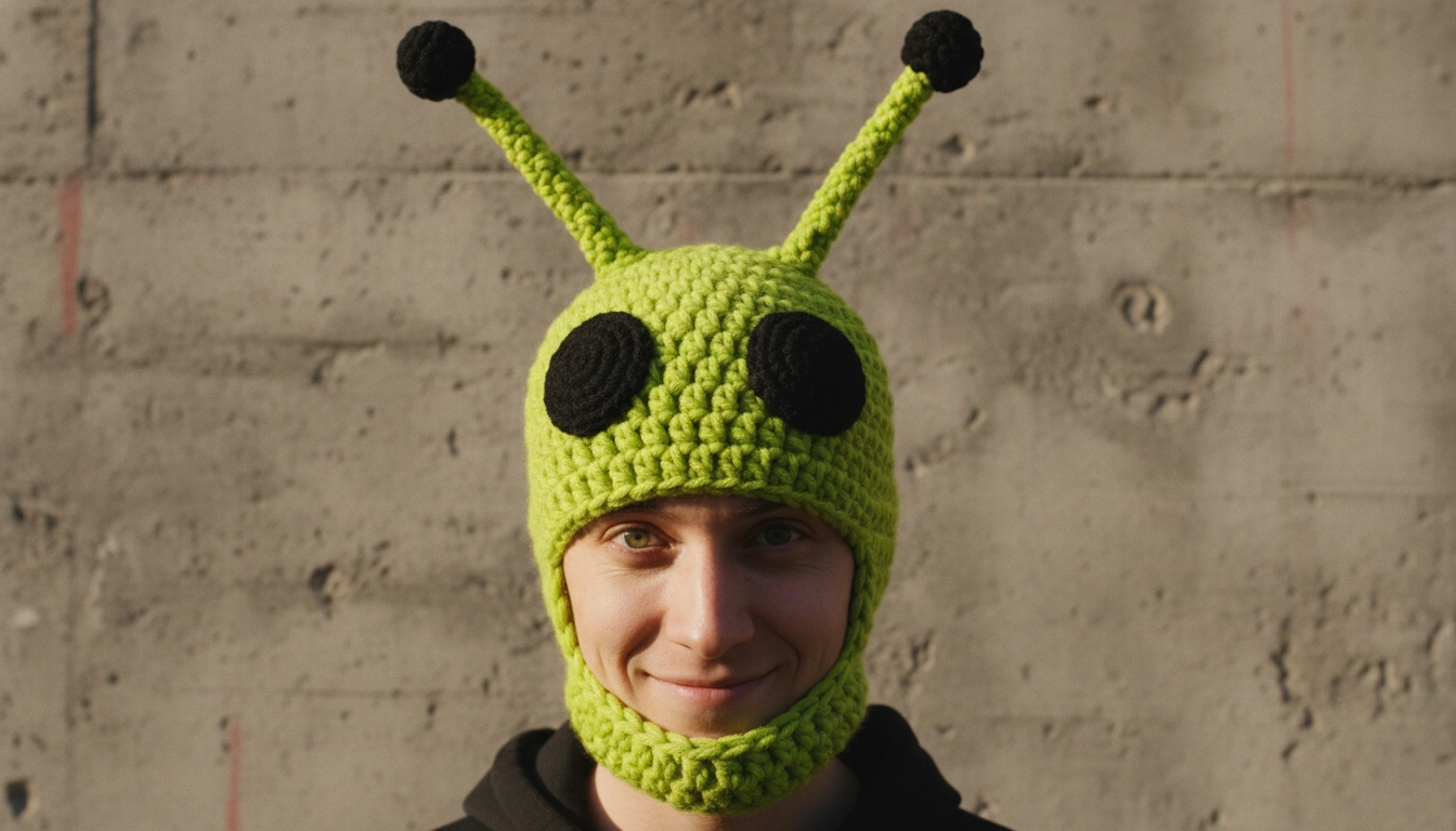 A stylish young adult wearing a bright green Crochet Alien Hat with large black eyes and antennae in front of a raw concrete wall.