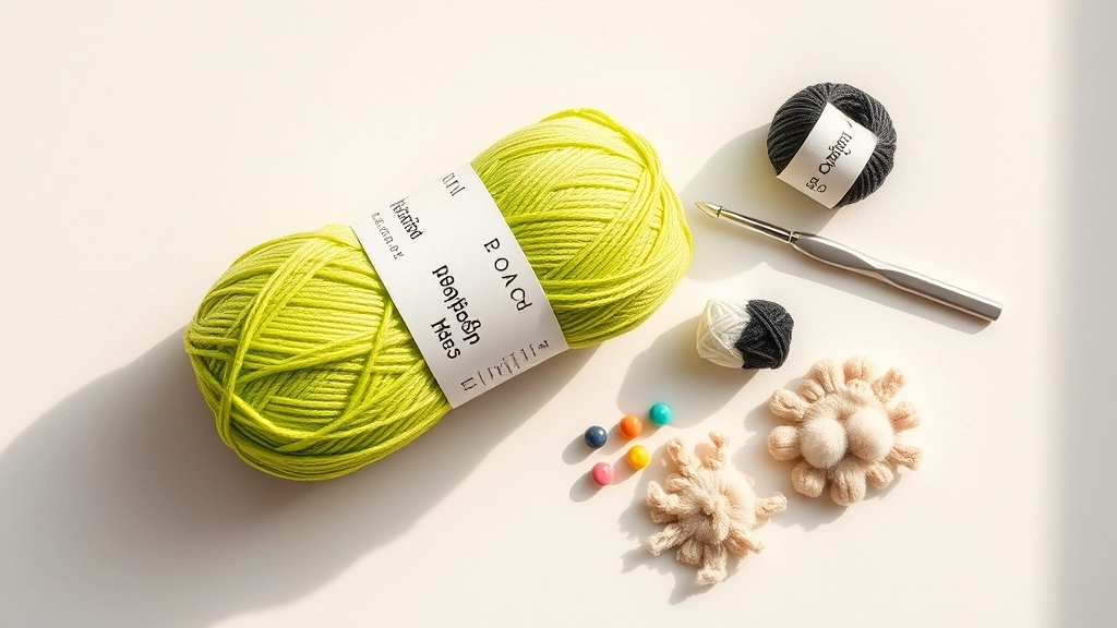 A flat lay of lime green organic cotton yarn, a 5.0mm aluminum crochet hook, and natural cotton stuffing for making a Crochet Alien Hat.