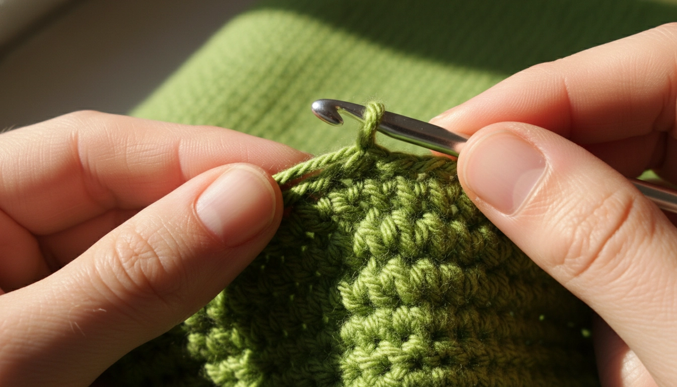 Close-up of a crocheter's hands using a silver hook with lime green yarn to create a Crochet Alien Hat.