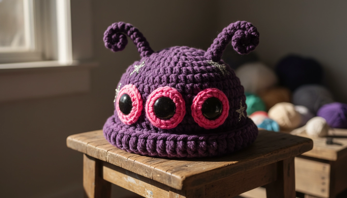 A customized purple Crochet Alien Hat with three neon pink eyes and embroidered silver stars.