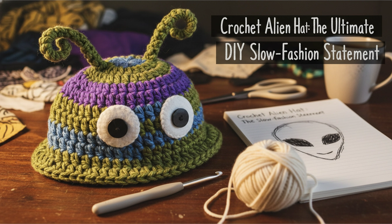 A cozy, homemade green Crochet Alien Hat with big black eyes and two upright antennae sitting on a rustic linen bedspread.