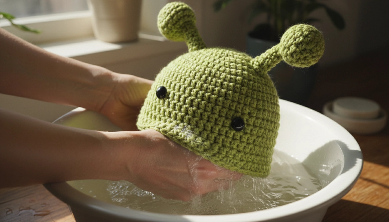 A green Crochet Alien Hat being gently hand-washed in a white ceramic basin with water.
