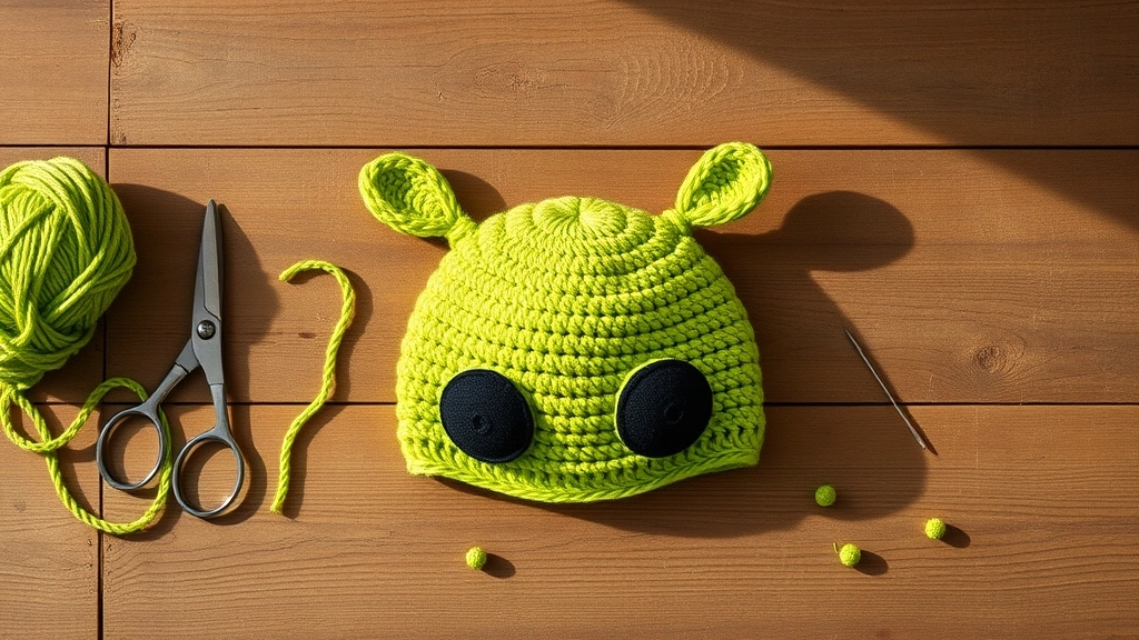 A finished, vibrant lime green Crochet Alien Hat lying completed on a rustic workspace next to crafting tools.