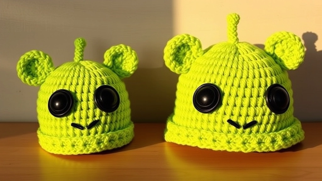 An adult-sized and a child-sized green Crochet Alien Hat sitting side-by-side to show relative scale.