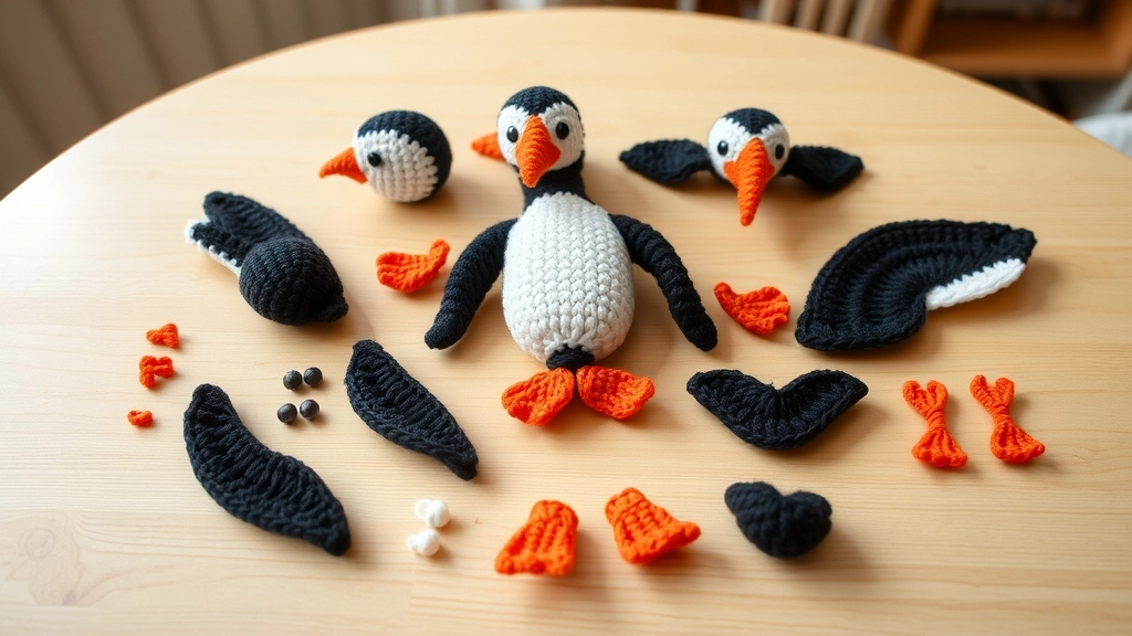 Completed crochet puffin parts including head, body, beak, wings, and webbed feet laid out on a table.
