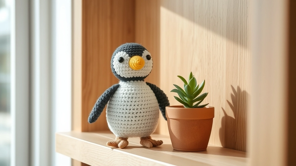 A finished crocheted puffin sitting on a minimalist oak shelf next to a potted succulent.
