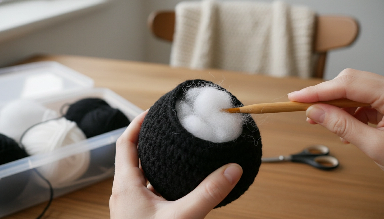 Using fiberfill stuffing to shape the body of a crocheted puffin toy.