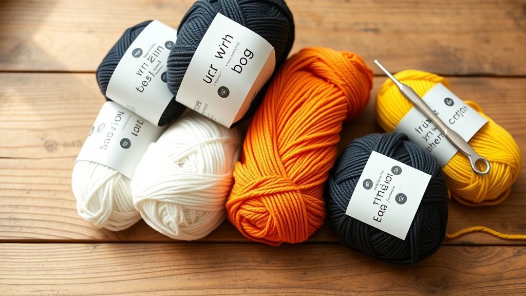 Skeins of organic cotton yarn in black, white, orange, and yellow next to a small crochet hook.