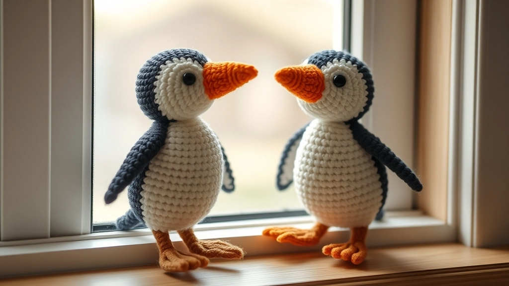 A pair of completed handmade crocheted puffins sitting side-by-side on a wooden surface.