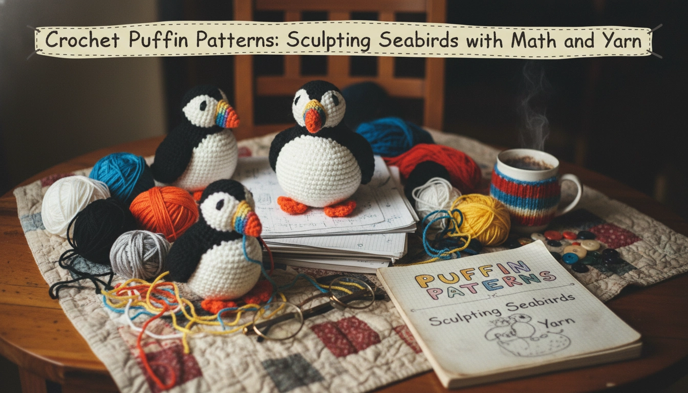 A charming, amateur-style handmade plush bird crafted using Crochet Puffin Patterns sitting on a wooden work surface with yarn scraps.