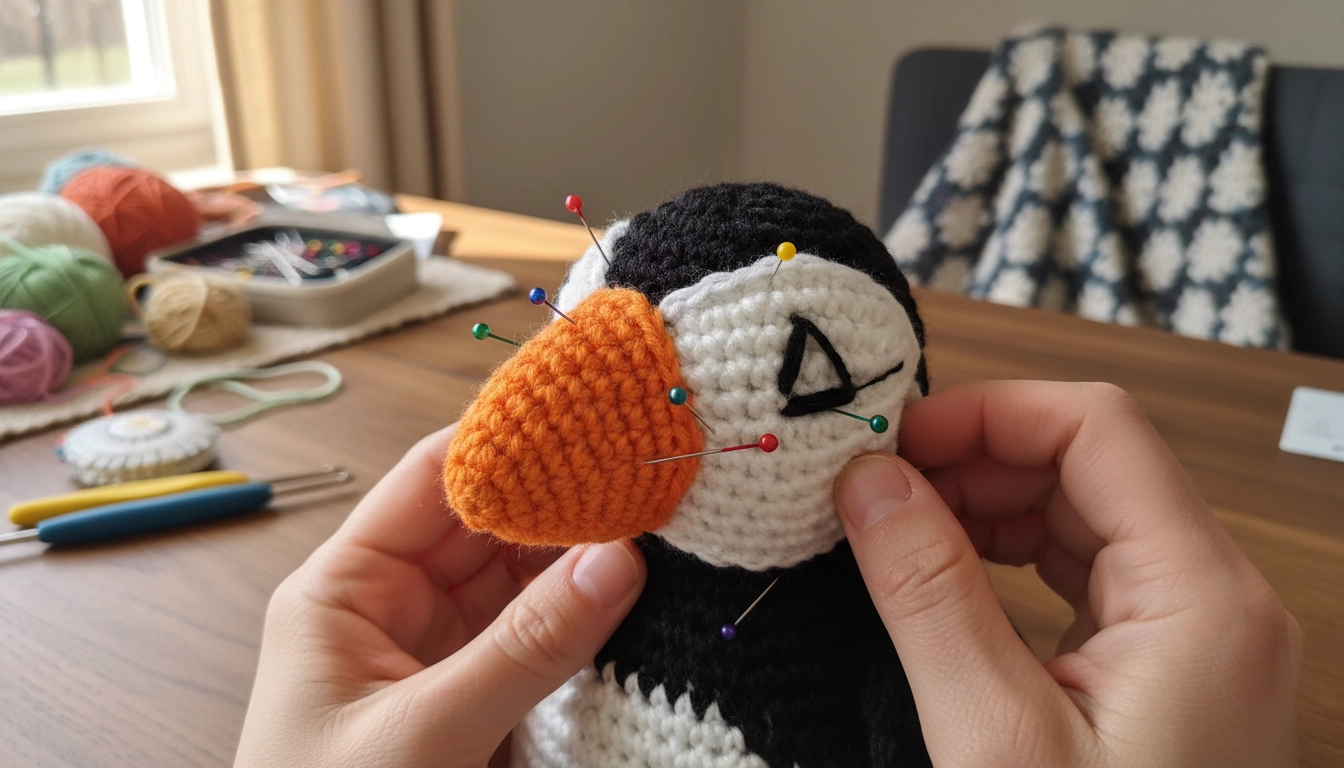 A crochet puffin head with the orange beak pinned in place with sewing pins before stitching.