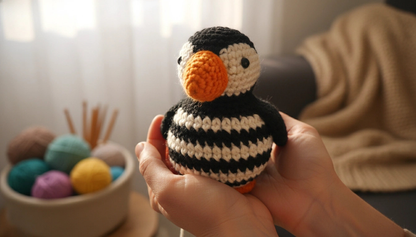 A person holding a small, completed crochet puffin toy lovingly in their hands.