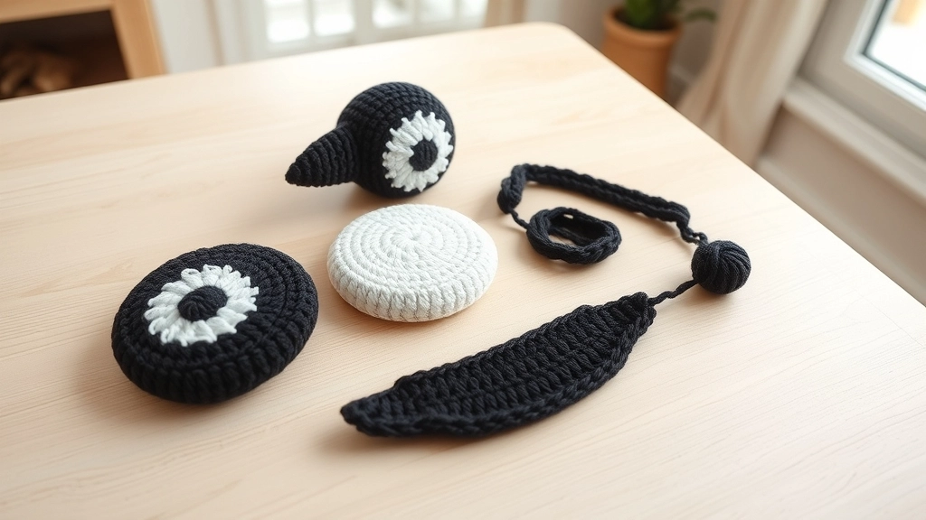 Unassembled black and white crocheted components of an amigurumi puffin showing clean, geometric stitch lines.