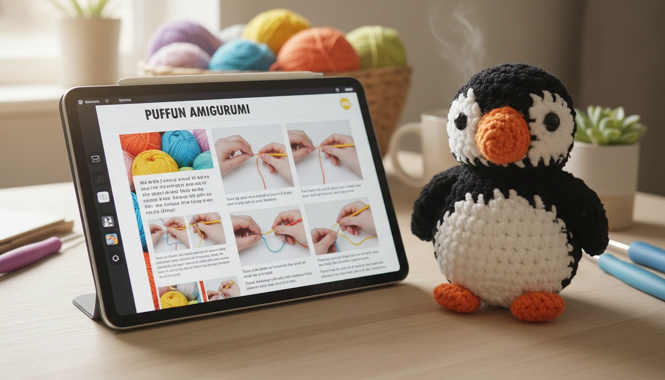 A digital tablet showing a crochet pattern next to a finished handmade puffin toy.