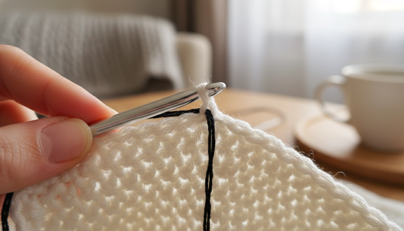 Close-up of hands crocheting with black and white yarn using a small metal hook.