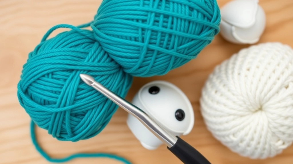 A flatlay of materials for a Crochet Cat Pattern including mercerized cotton yarn, an ergonomic hook, and safety eyes.