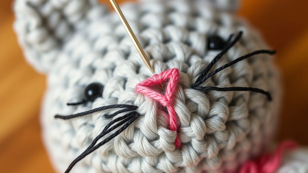 A close-up of a needle embroidering a small pink nose and delicate whiskers on a crochet cat.