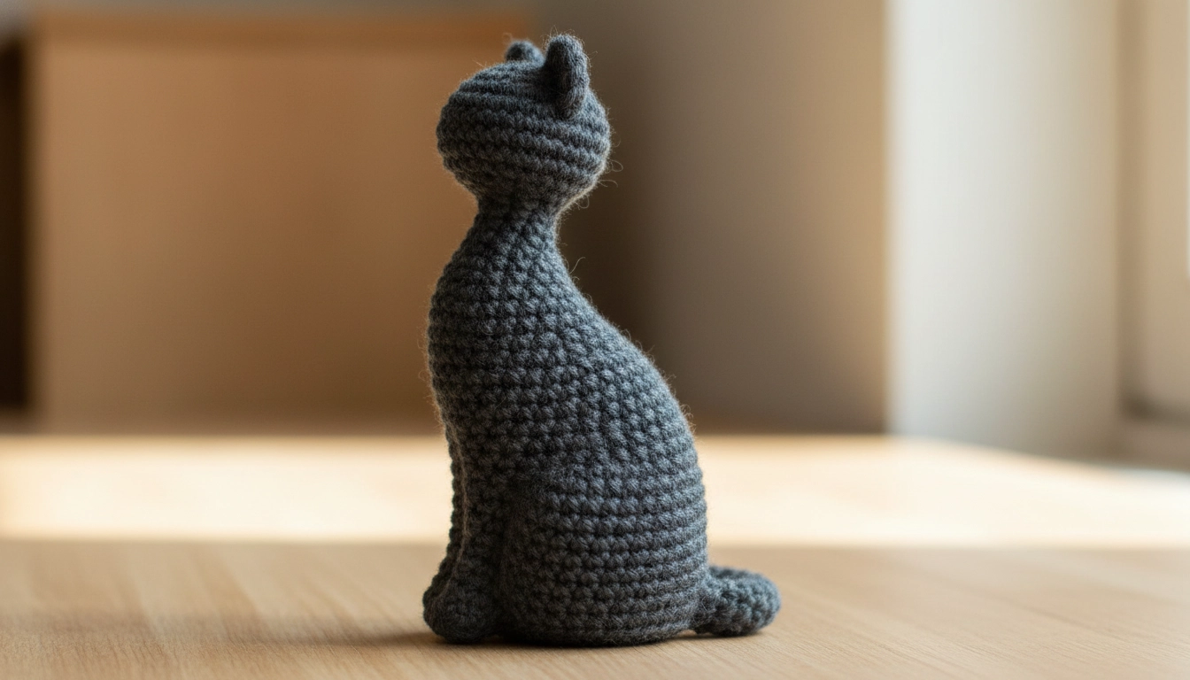 A finished minimalist cat made from a Crochet Cat Pattern, showing a fluid connection between the head and body.