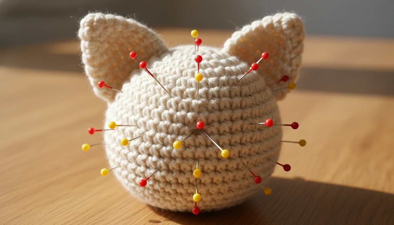 A crochet cat head with ears pinned in place using colorful sewing pins to ensure symmetry.