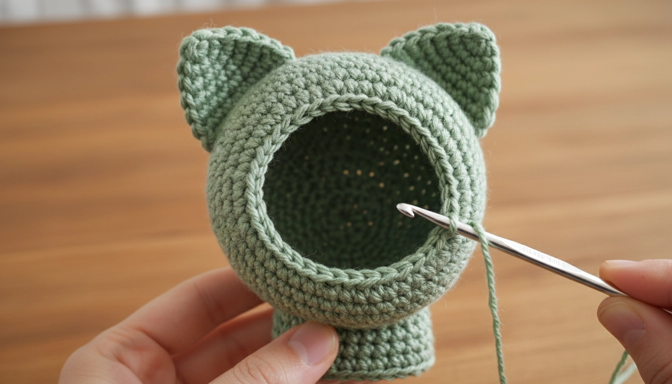 A partially completed head and body of a cat following the Crochet Cat Pattern instructions.