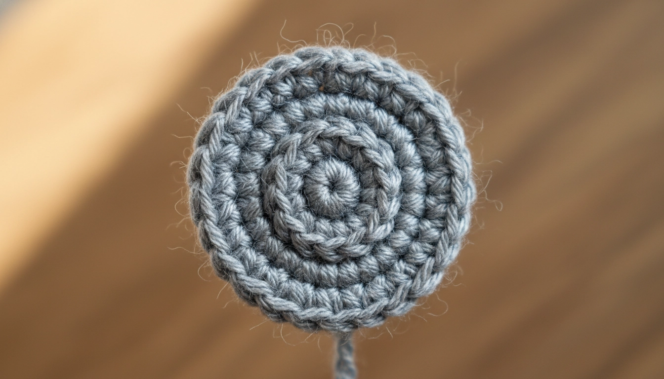 A close-up of a Crochet Cat Pattern starting with a perfect spiral of stitches in grey yarn.