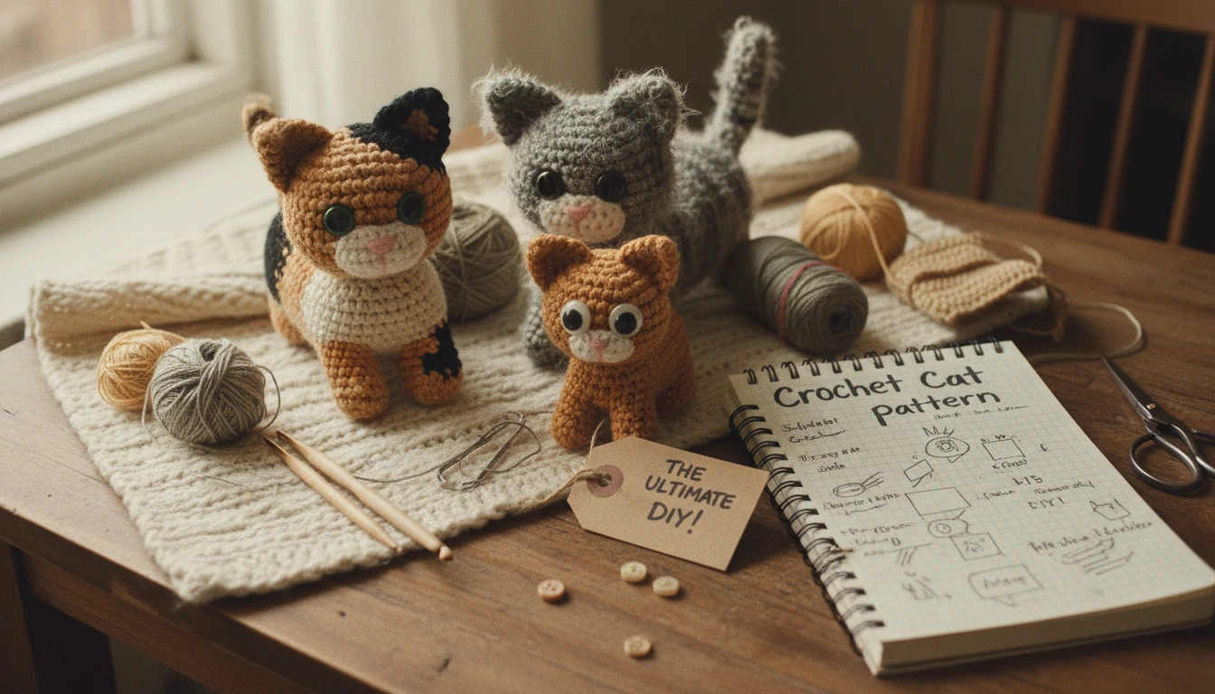 A homemade and amateur-style photo of a partially finished Crochet Cat Pattern sitting on a wooden table next to a ball of yarn and a cup of coffee.