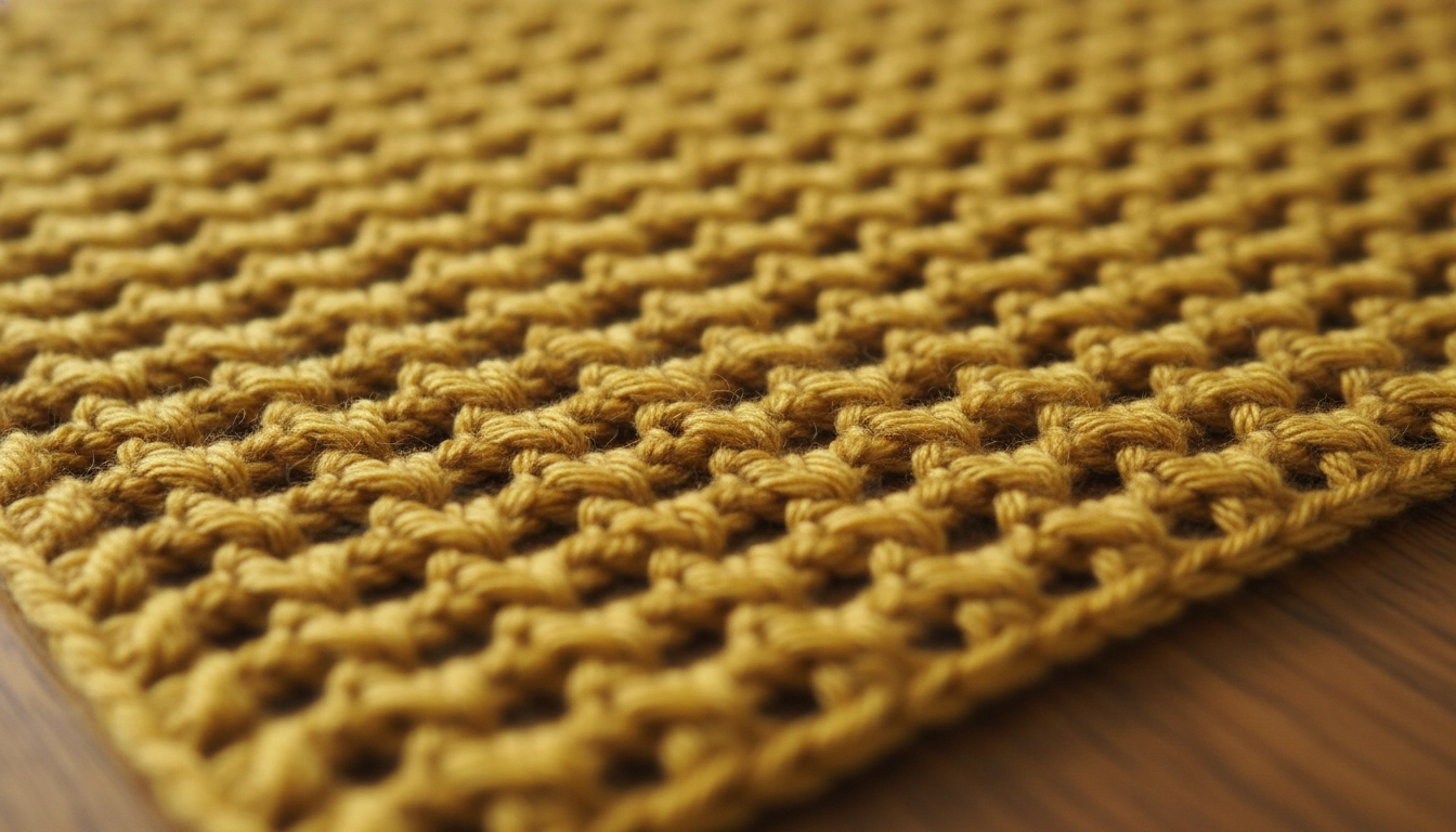 A macro view of the X-shaped stitch texture created by the yarn under method in a Crochet Cat Pattern.