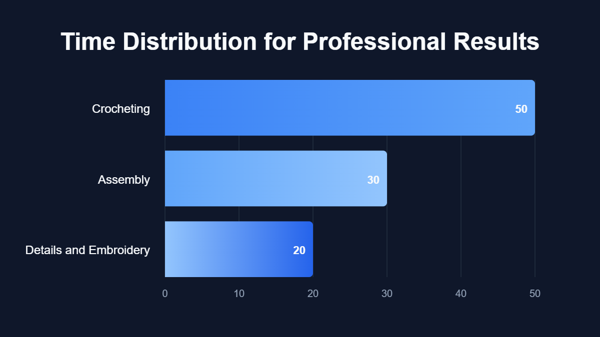 A pie chart titled "Time Distribution for Professional Results" showing data for Crocheting, Assembly, Details and Embroidery.