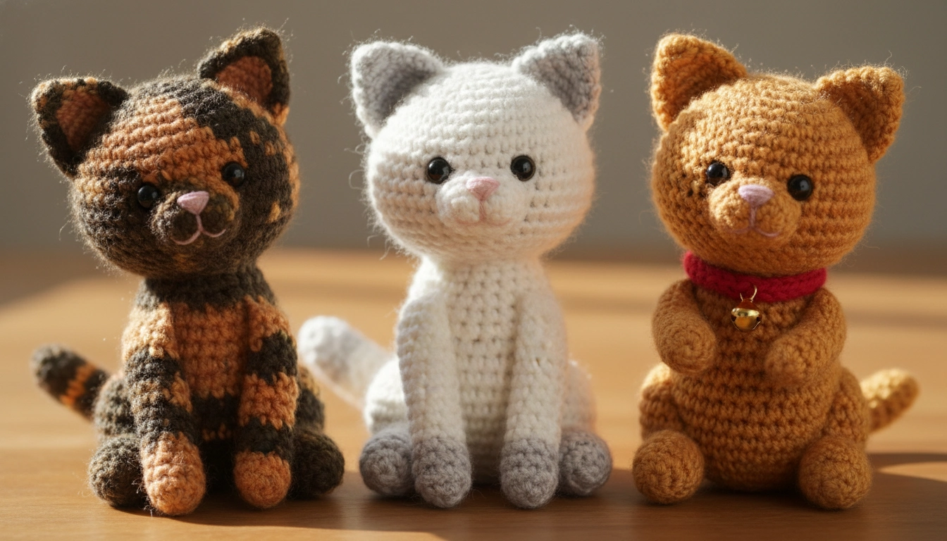 Multiple cats made from the same Crochet Cat Pattern using different yarn colors and textures.