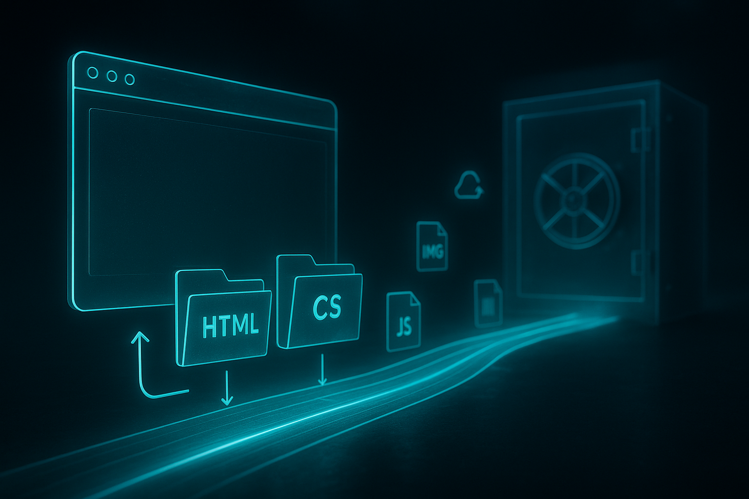 A hyperreal, cinematic scene of a translucent glass website unfolding into labeled folders and files HTML, CSS, JS, IMG that travel along a glowing data highway into a secure server vault. Neon teal accents against deep midnight tones, dramatic depth of field, soft volumetric lighting, octane-rendered realism. Thin arrows and minimal icons float to suggest export and sync. No text or logos.