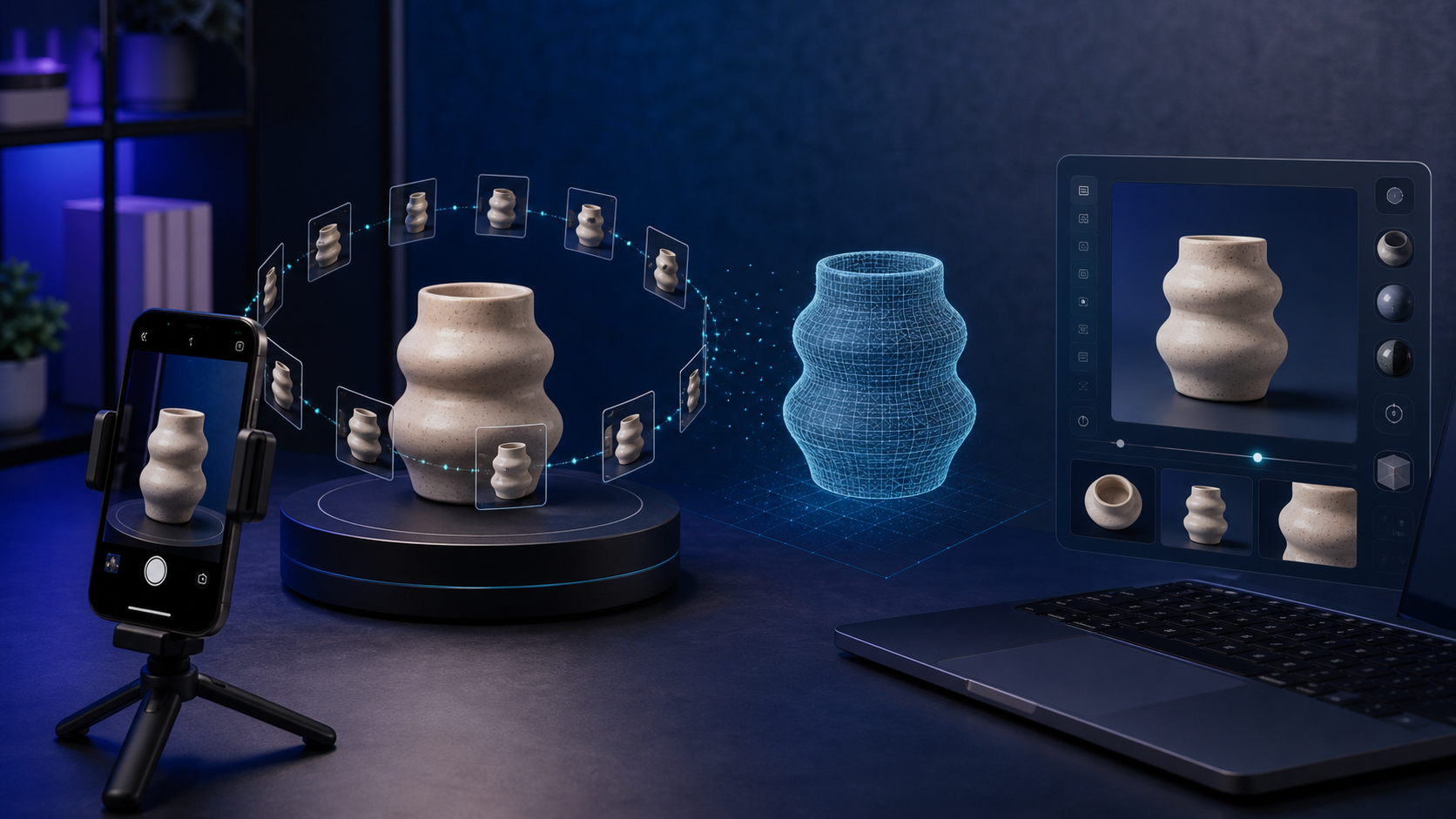 Shopify 3D capture banner with phone photos transforming into a 3D model