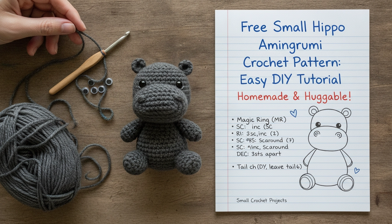 A completed terracotta-colored crochet hippo sitting on a rustic wooden table, showcasing the finished project from this Free Small Hippo Amigurumi Crochet Pattern.
