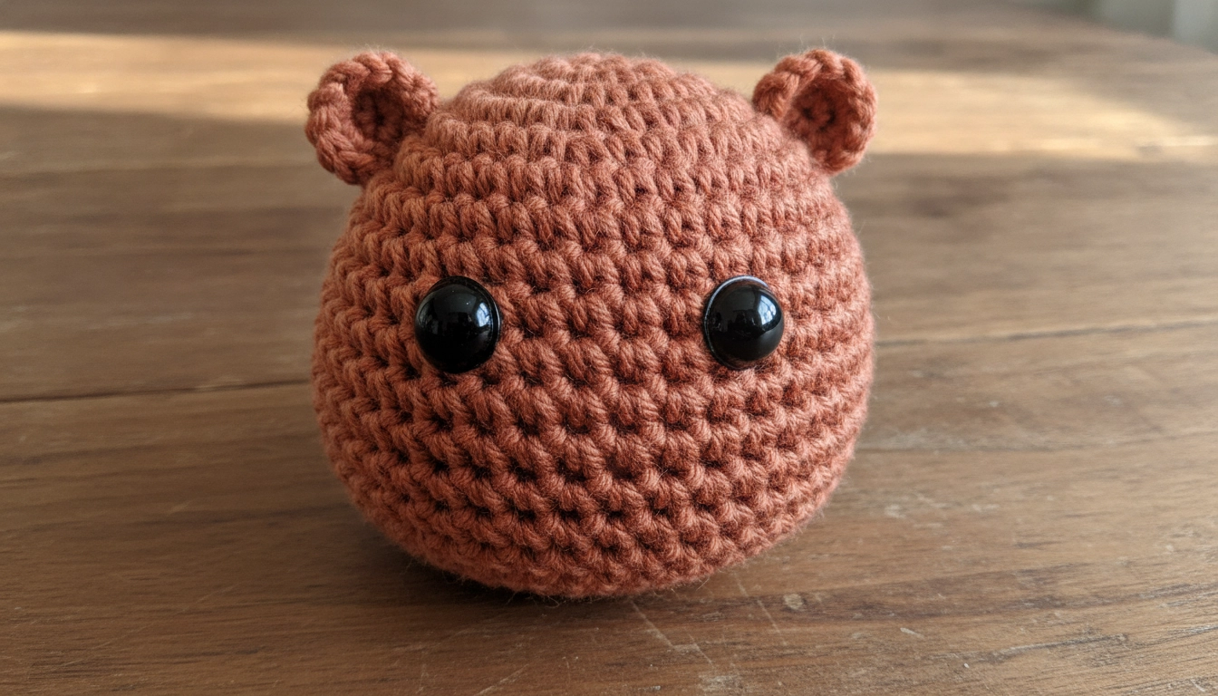 A crocheted spherical hippo head in terracotta cotton yarn with two black safety eyes installed, using the Free Small Hippo Amigurumi Crochet Pattern.