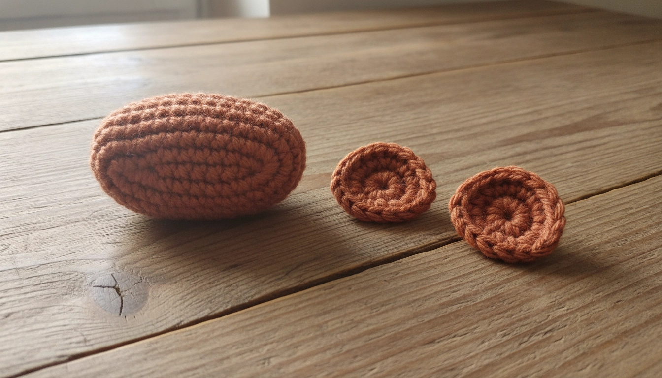 A crocheted oval muzzle and two flat semi-circle ears in terracotta yarn.