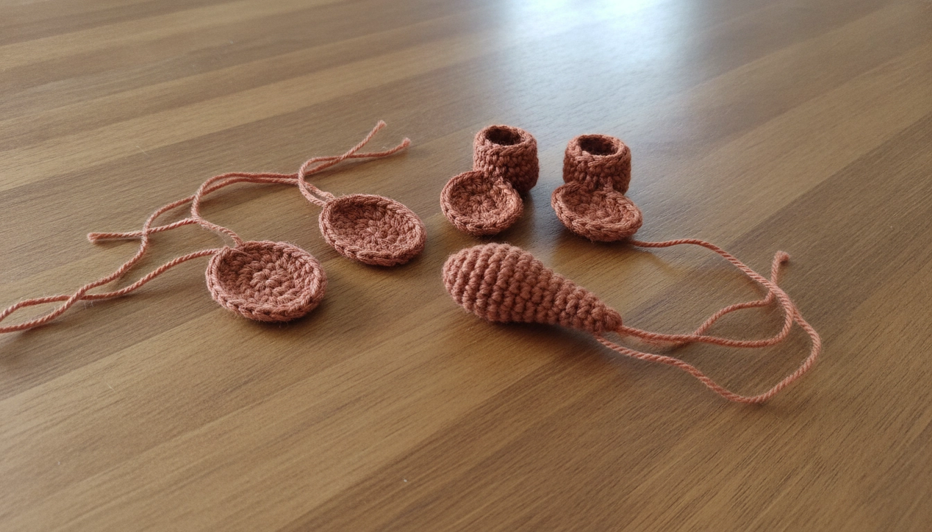 Two flat crocheted arms, two feet, and a small pointed tail in terracotta yarn laid out on a table.