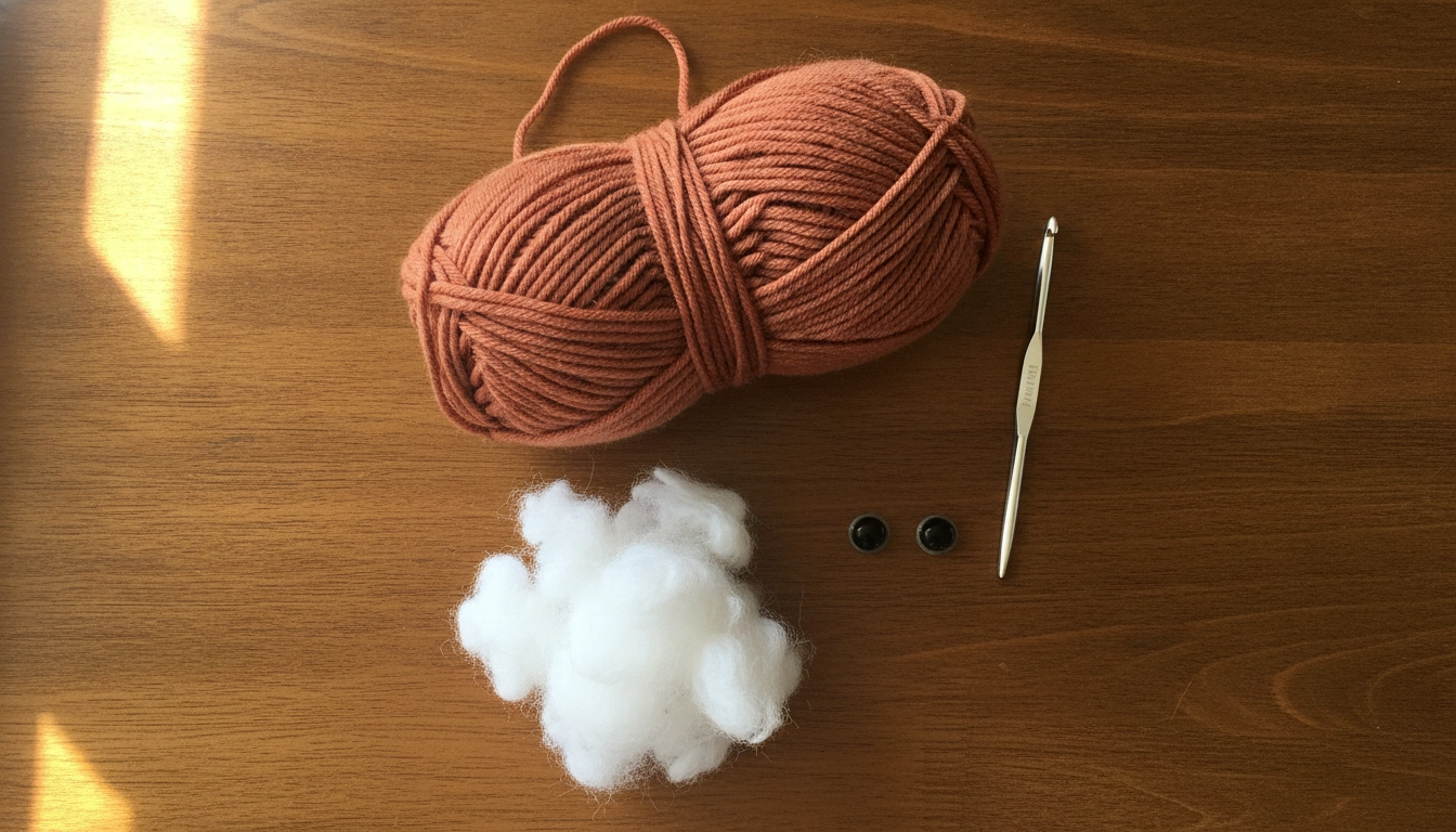 A skein of sport weight terracotta cotton yarn, a steel crochet hook, safety eyes, and organic cotton stuffing arranged on a table.