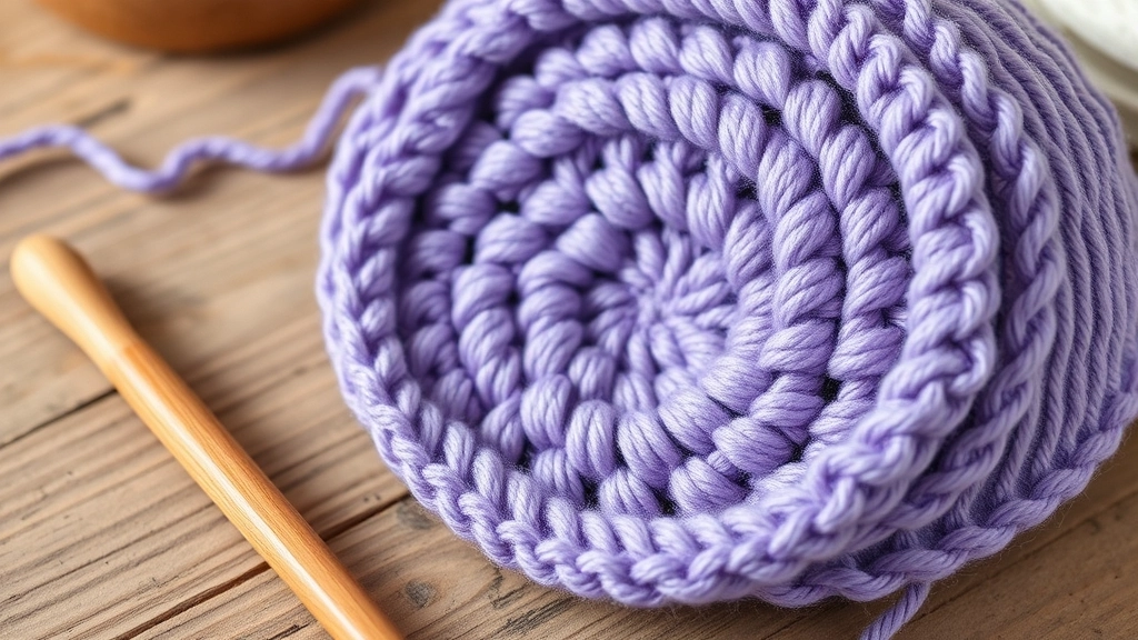 A close-up of a partially crocheted lavender dome showing the spiral stitch rounds of an amigurumi project.