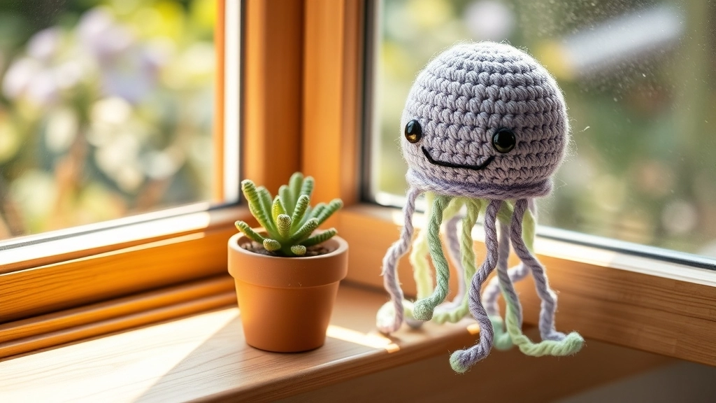 A completed lavender and mint green crocheted jellyfish toy sitting on a sunny wooden windowsill next to a small potted plant.